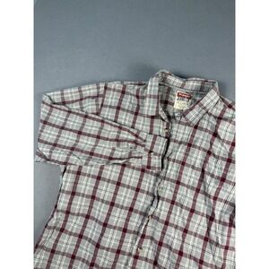 Wrangler Jeans Co Mens 2XL Plaid Button Down Shirt Burgundy Grey Cotton Long